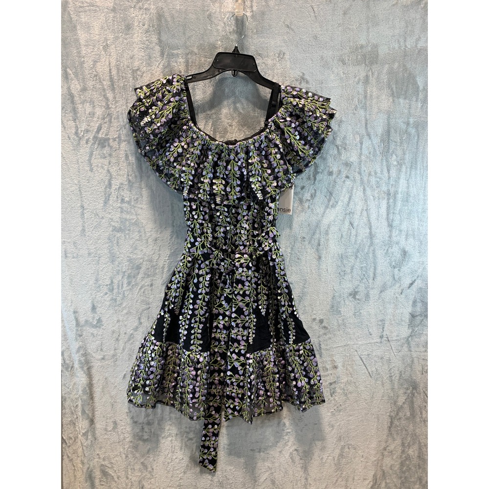 Kensie Women Floral Embroidered Mesh Ruffle Mini Dress Black Purple Size 0 NEW
